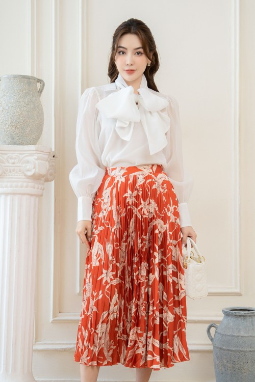 Sixdo Dark Orange Floral Pleated Midi Silk Skirt (Chân váy)